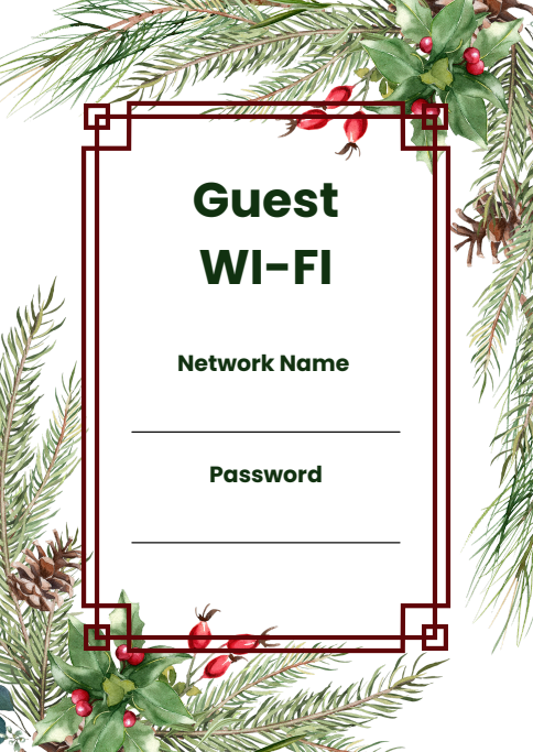 Printable holiday guest WiFi sign with festive decorations and spaces to write network name and password